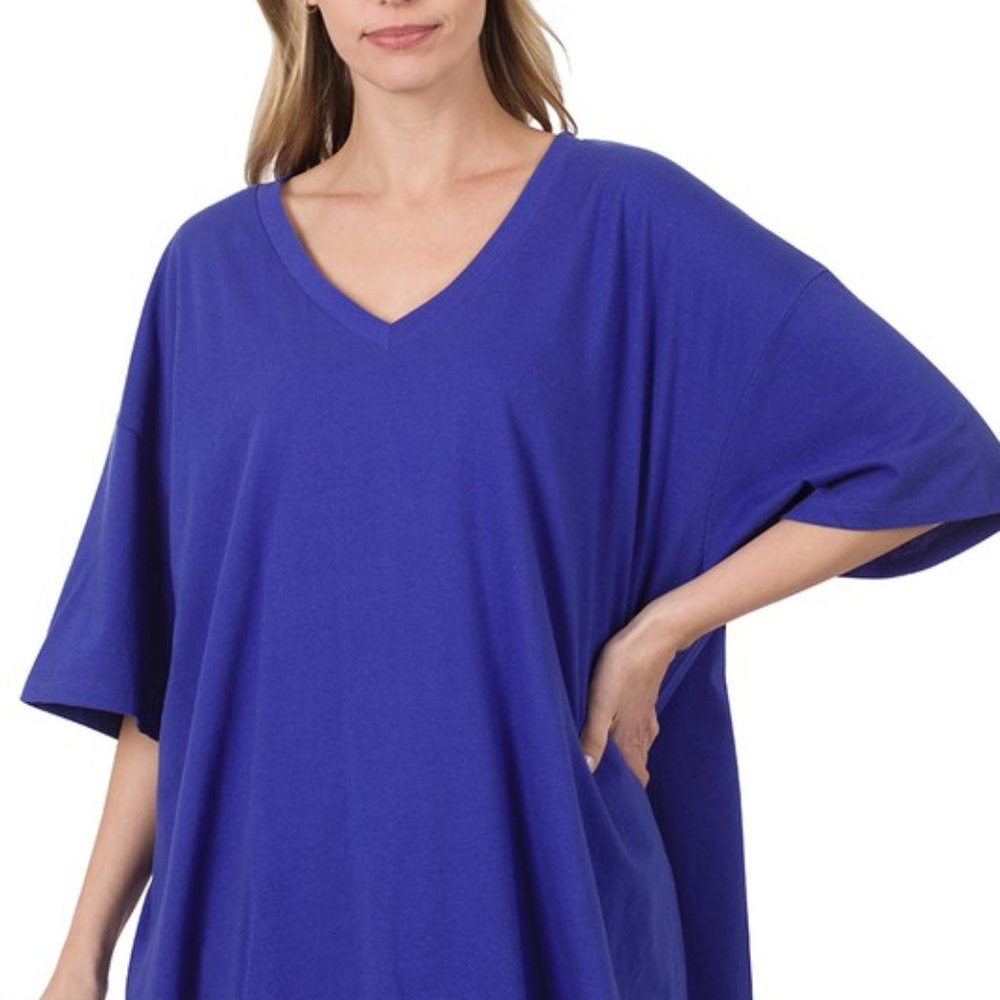 COTTON DROP SHOULDER BOYFRIEND BOX TEE - Bright Blue